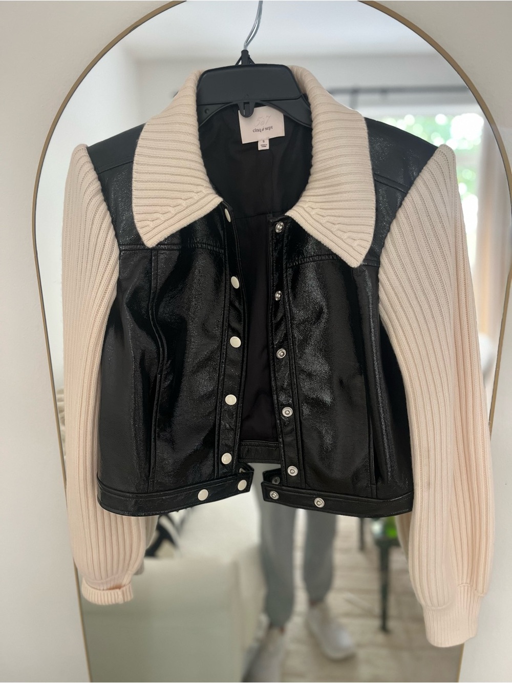 Cinq a Sept Black Faux Leather Jacket with Cream Knit Sleeves